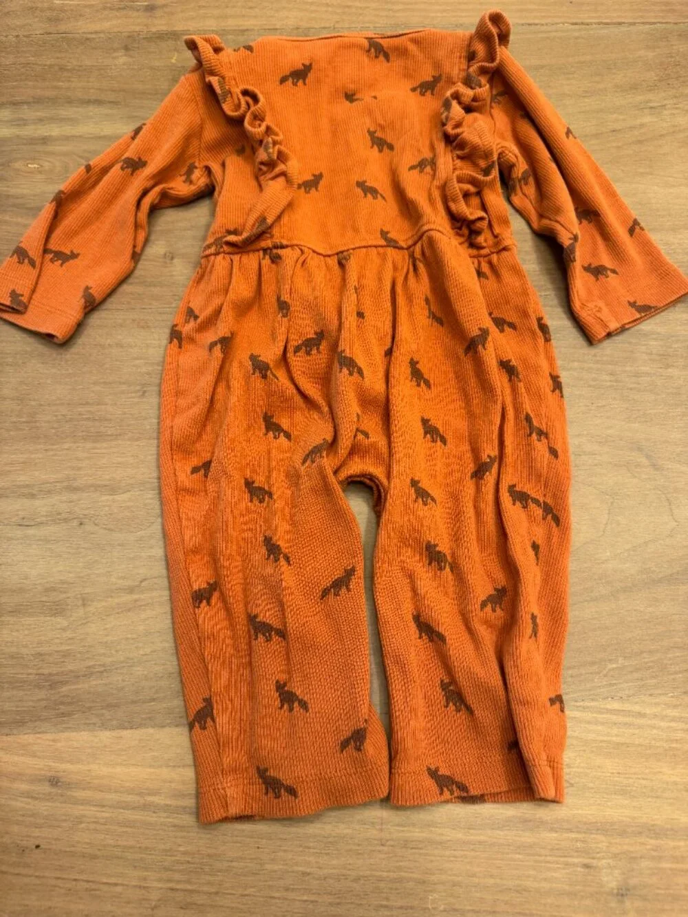 Kate Quinn Fox Print Ribbed Ruffle Romper Rust Organic 6-12M